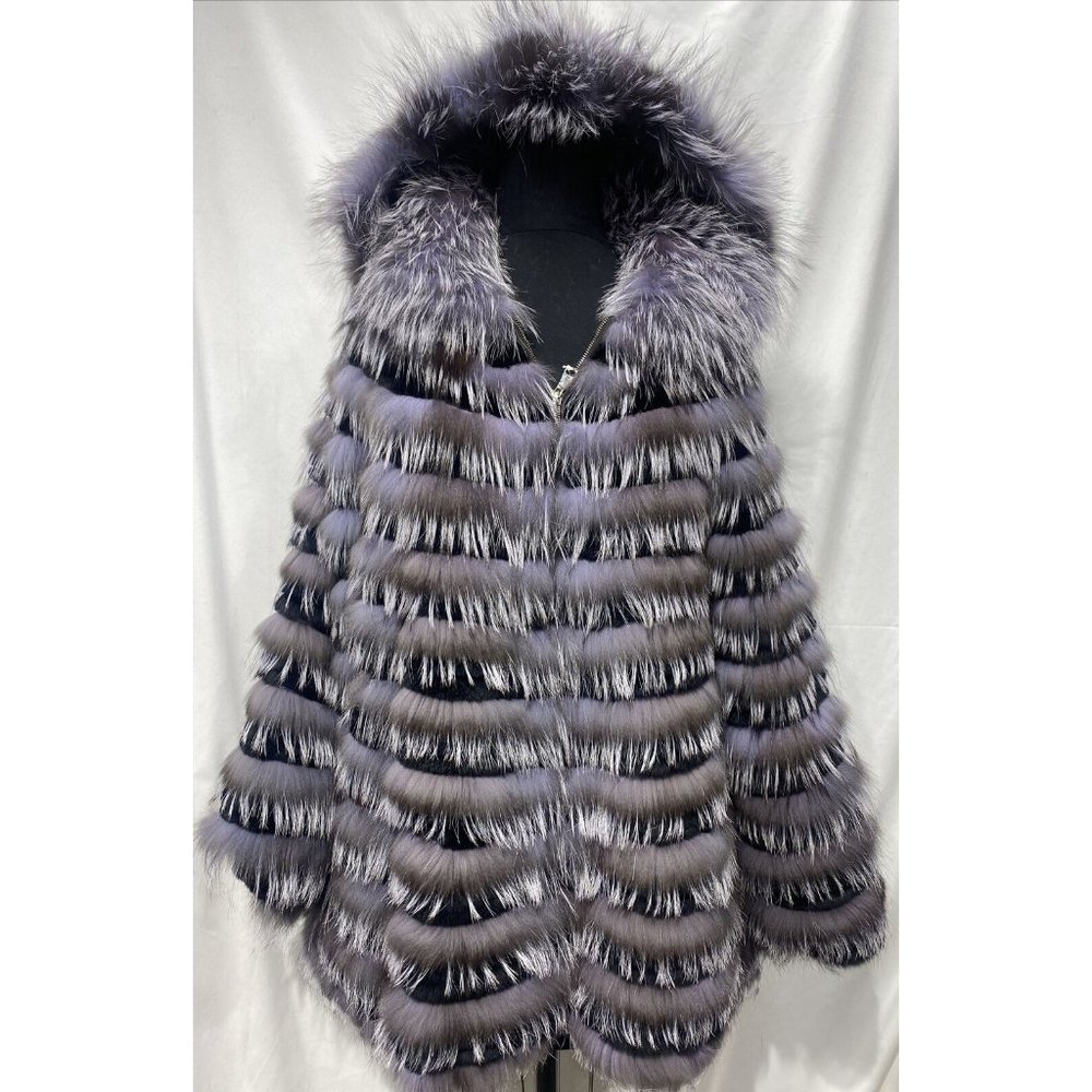 silver fox w/ rex rabbit poncho/cape detachable hood (117011)